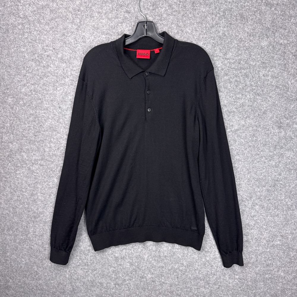 Hugo Boss Polo Sweater XL Black 100% Virgin Wool Long Sleeve Knit Logo